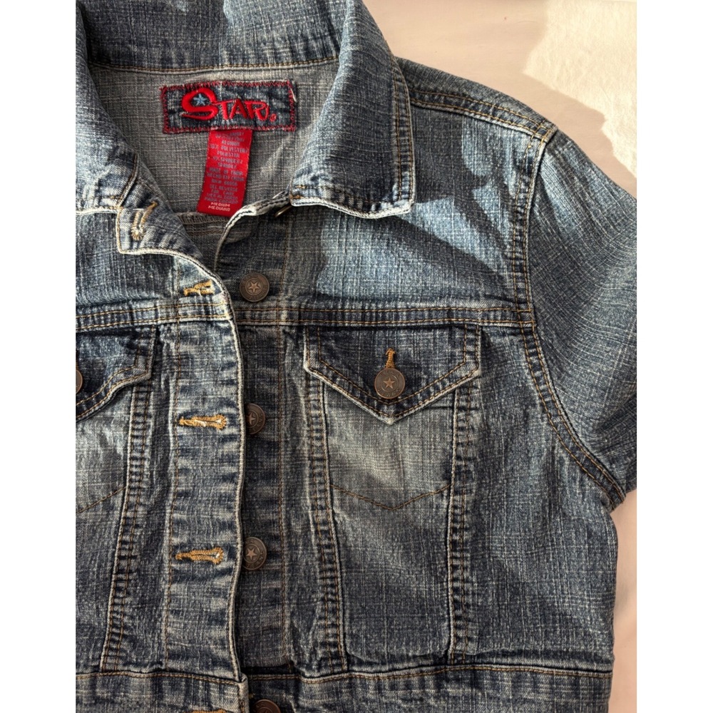 STAR Cropped Denim Jacket Women's Medium‎ Fitted Stretch Jean Trucker Blue Y2K